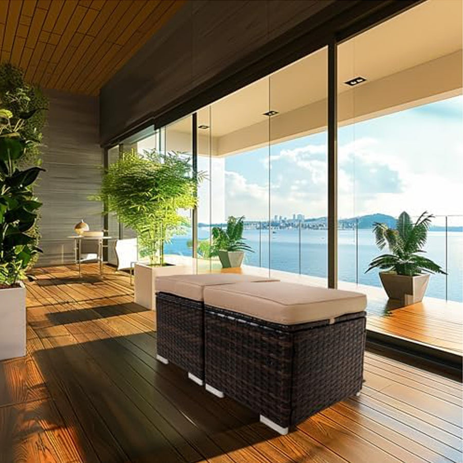 2 Wicker Ottomans, Multipurpose Outdoor Furniture For Patio, Backyard, Additional Seating, Footrest, Side Table With Storage, Removable Cushions