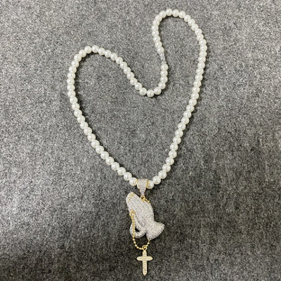 Zircon Inlaid Prayer Hand Cross Necklace