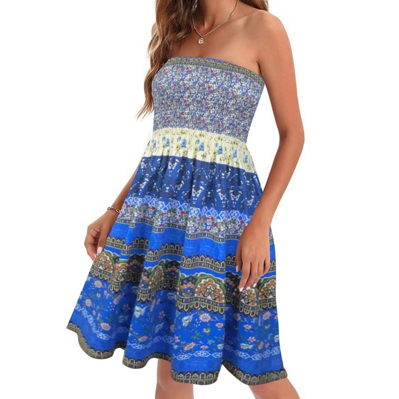 European And American Spring And Summer New Fashion Printed Beach Vacation Sexy Tube Top Dress