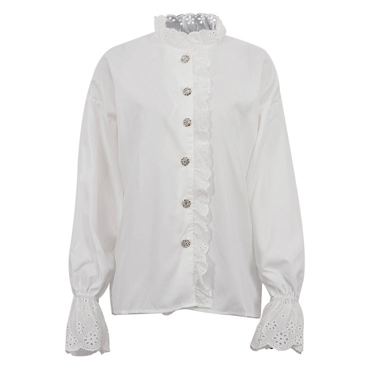 Stand Collar Diamond Lace Ruffled Shirt
