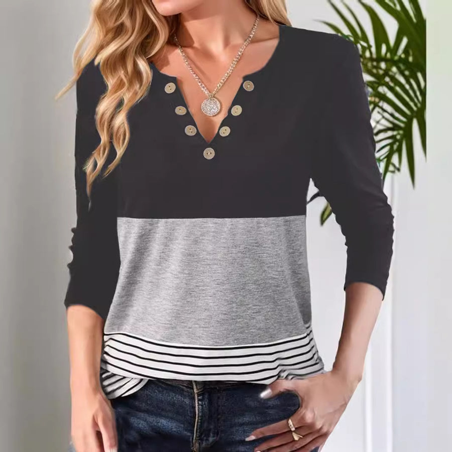 Casual Printed V-neck Long Sleeve T-shirt