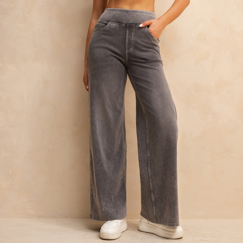 Shascullfites Full-Length Wide Leg Jeans Stretch Cotton Light Grey Wash Casual Pants With Multiple Pockets Baggy Fit