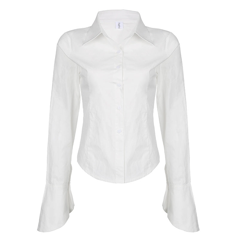 Simple White Shirt Women's Versatile Style Polo Collar Breast