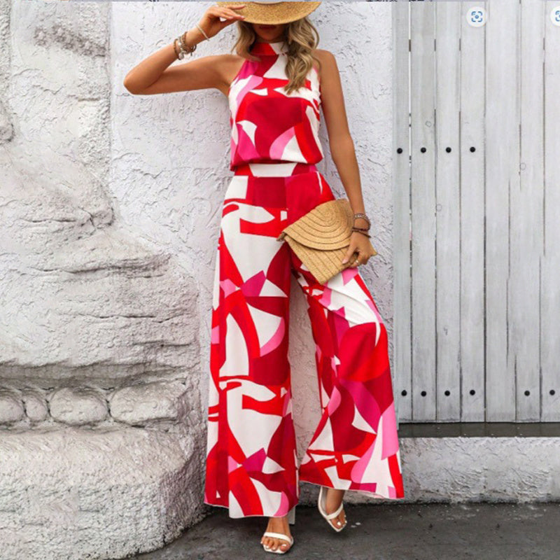 Women's Summer 2 Piece Outfits Floral Print Halter Neck Sleeveless Top Wide Leg Pants Set Jumpsuits
