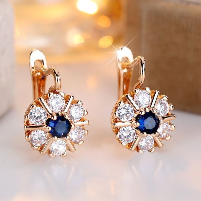 Round White Zircon Sapphire Blue Zircon Flower Basket Earrings