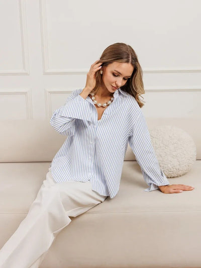 Women's Plus Size Striped Work Casual Long Sleeve Shirt