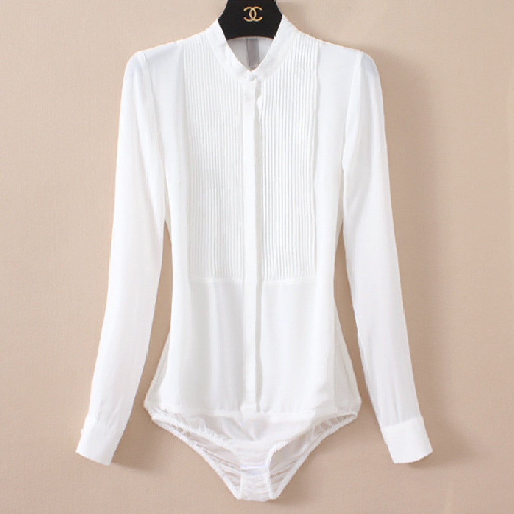 Stand Collar Organ Pleated Chiffon Shirt One-piece